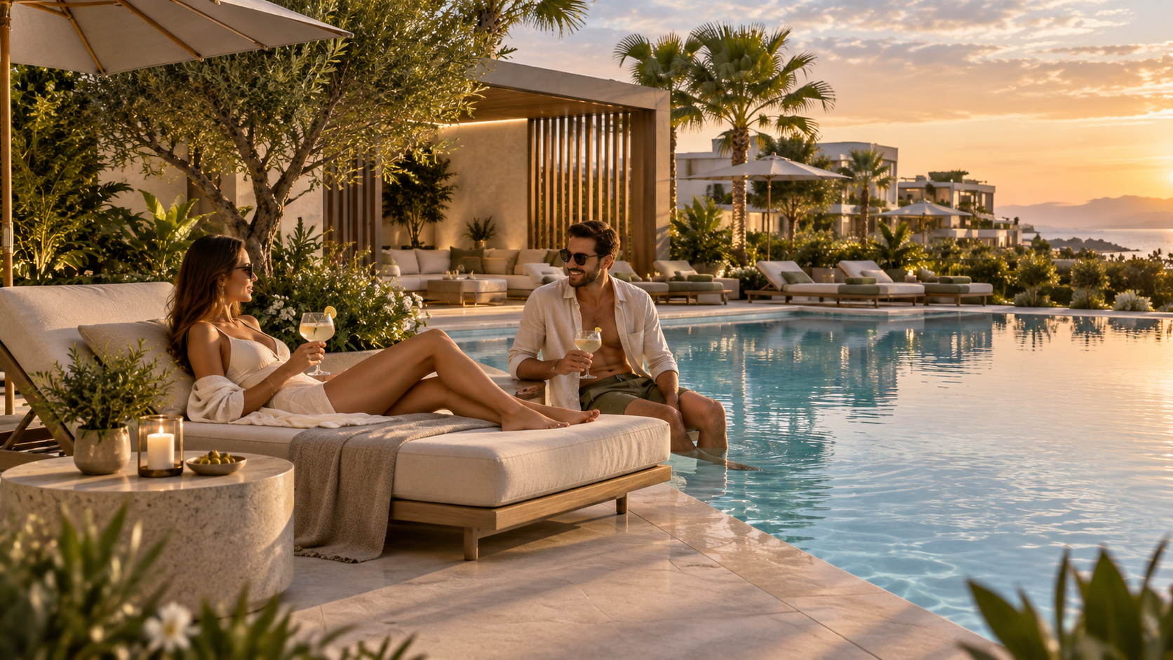 GRAND RIVAGE · Área de piscina al atardecer